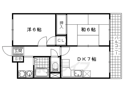 京都市東西線 椥辻駅 徒歩4分 4階建 築38年(2DK/4階)の間取り写真