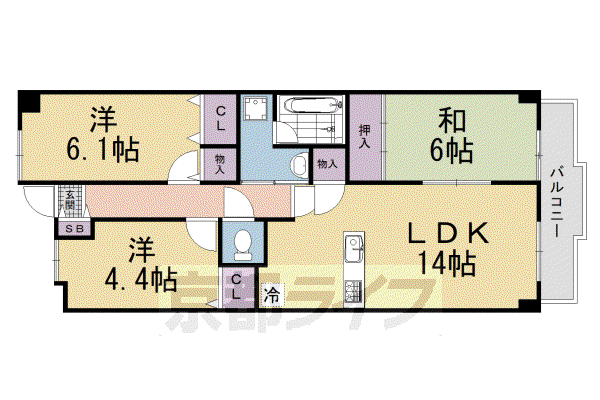 京阪電気鉄道宇治線 三室戸駅 徒歩10分 5階建 築31年(3LDK/3階)の間取り写真