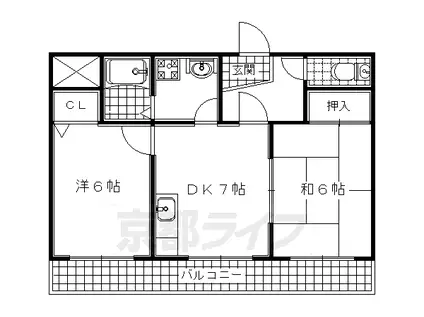 奈良線 新田駅(京都) 徒歩10分 3階建 築37年(2DK/2階)の間取り写真