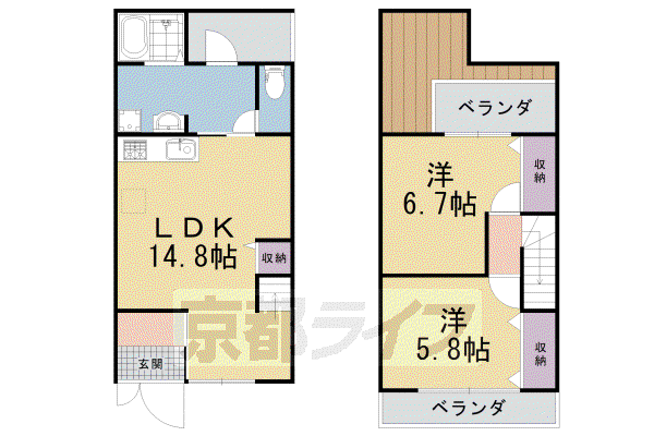 京福嵐山本線 山ノ内駅(京都) 徒歩2分 2階建 築77年(2LDK)の間取り写真