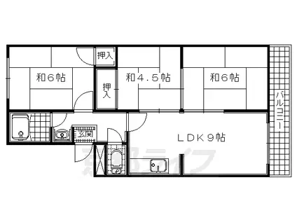 近鉄京都線 富野荘駅 徒歩1分 4階建 築47年(3LDK/2階)の間取り写真