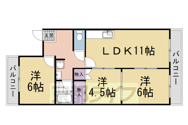 近鉄京都線 向島駅 徒歩9分 3階建 築40年(3LDK/2階)の間取り写真