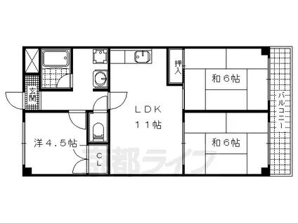 京都市東西線 石田駅(京都市営) 徒歩6分 7階建 築42年(3LDK/5階)の間取り写真