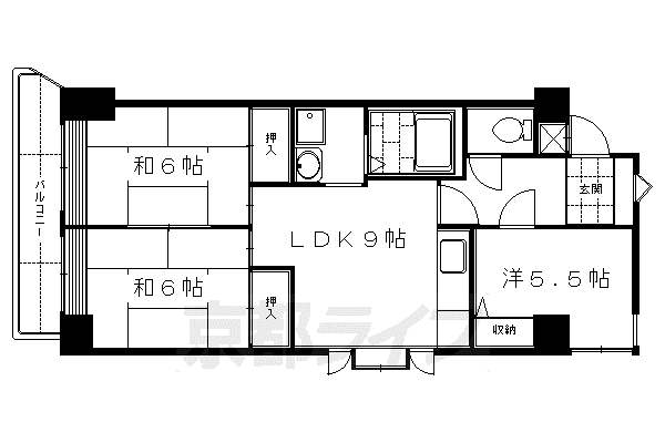 京都市烏丸線 竹田駅(京都) 徒歩5分 7階建 築31年(3LDK/6階)の間取り写真