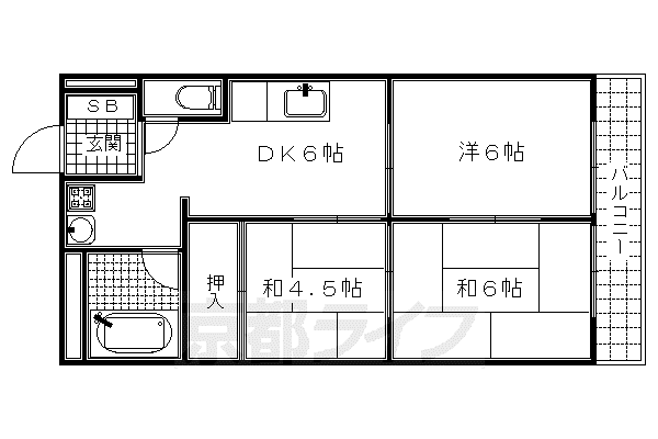 近鉄京都線 向島駅 徒歩7分 6階建 築48年(2LDK/2階)の間取り写真