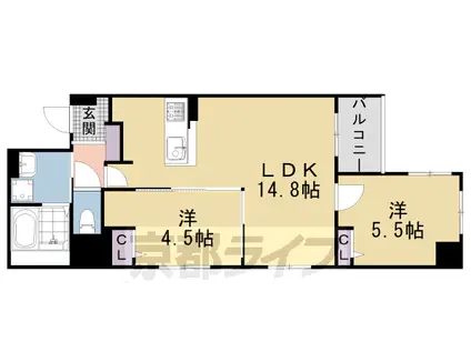 京都市東西線 京都市役所前駅 徒歩5分 5階建 築1年(2LDK/4階)の間取り写真