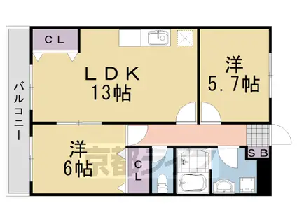 阪急電鉄嵐山線 上桂駅 徒歩15分 4階建 築31年(2LDK/2階)の間取り写真
