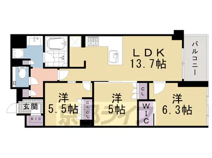 京都市烏丸線 烏丸御池駅 徒歩2分 11階建 築2年(3LDK/4階)の間取り写真