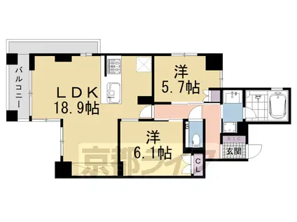 京都市烏丸線 烏丸御池駅 徒歩2分 11階建 築2年(2LDK/2階)の間取り写真