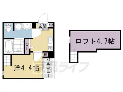山陰本線 円町駅 徒歩9分 2階建 築2年(1K/2階)の間取り写真