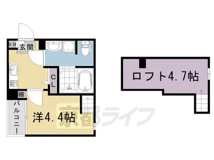 山陰本線 円町駅 徒歩9分 2階建 築2年(1K/2階)の間取り写真