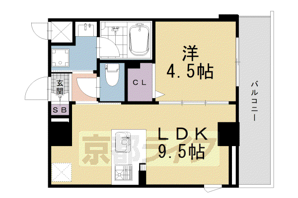 京都市東西線 京都市役所前駅 徒歩1分 9階建 築2年(1LDK/9階)の間取り写真