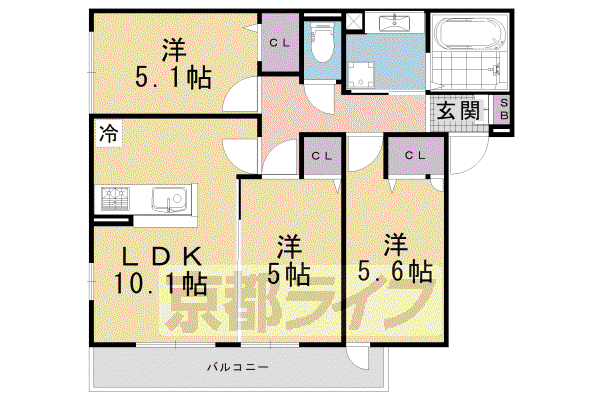 山陰本線 丹波口駅 徒歩6分 3階建 築2年(3LDK/3階)の間取り写真