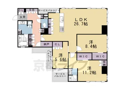 京都市東西線 京都市役所前駅 徒歩1分 11階建 築1年(3LDK/9階)の間取り写真