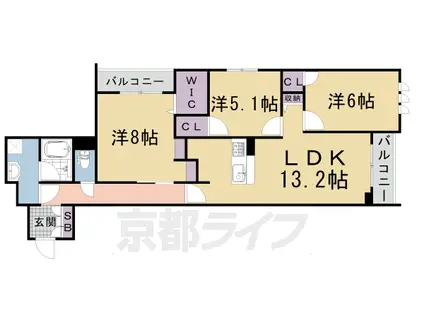 阪急電鉄京都線 西京極駅 徒歩10分 4階建 築1年(3LDK/2階)の間取り写真