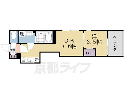 山陰本線 円町駅 徒歩6分 3階建 築1年(1DK/3階)の間取り写真