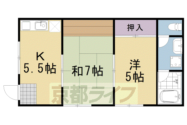 東海道本線 桂川駅(京都) 徒歩15分 2階建 築41年(2DK/1階)の間取り写真