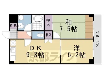 阪急電鉄嵐山線 上桂駅 徒歩9分 4階建 築32年(2DK/1階)の間取り写真