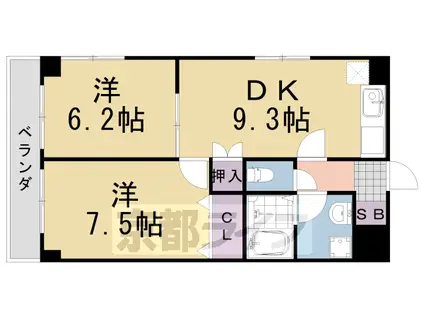 阪急電鉄嵐山線 上桂駅 徒歩9分 4階建 築32年(2DK/1階)の間取り写真
