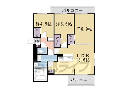 山陰本線 太秦駅(ＪＲ) 徒歩27分 3階建 築1年(3LDK/2階)の間取り写真
