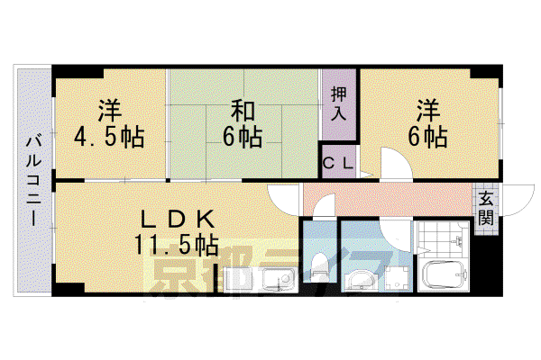 阪急電鉄京都線 桂駅 徒歩45分 6階建 築32年(3LDK/5階)の間取り写真