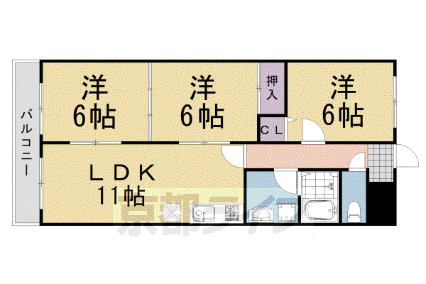 阪急電鉄京都線 桂駅 徒歩45分 6階建 築32年(3LDK/1階)の間取り写真