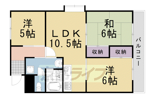 阪急電鉄嵐山線 上桂駅 徒歩19分 5階建 築39年(3LDK/3階)の間取り写真