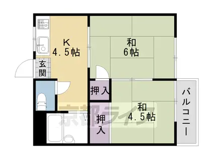 阪急電鉄嵐山線 上桂駅 徒歩14分 2階建 築44年(2DK/2階)の間取り写真