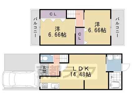 京都市東西線 太秦天神川駅 徒歩9分 2階建 築54年(2LDK)の間取り写真
