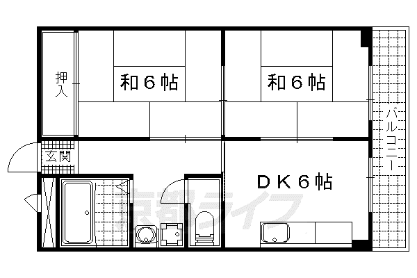 京都市東西線 東野駅(京都) 徒歩6分 6階建 築46年(2DK/5階)の間取り写真