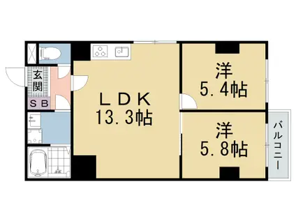京都市東西線 椥辻駅 徒歩16分 4階建 築35年(2LDK/1階)の間取り写真