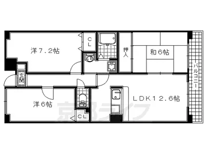 京阪電気鉄道宇治線 木幡駅(京阪) 徒歩5分 7階建 築27年(3LDK/7階)の間取り写真