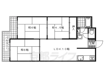 京都市東西線 御陵駅 徒歩23分 4階建 築46年(3LDK/3階)の間取り写真