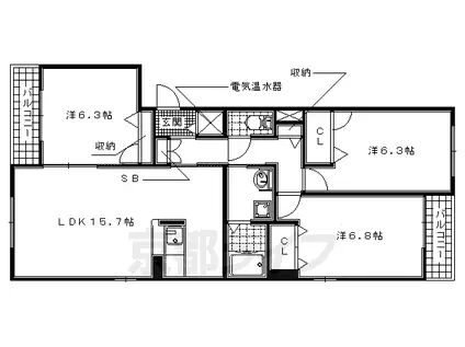 関西本線 平城山駅 徒歩45分 3階建 築15年(3LDK/3階)の間取り写真
