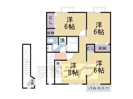 奈良線 山城青谷駅 徒歩87分 2階建 築24年(3DK/2階)の間取り写真
