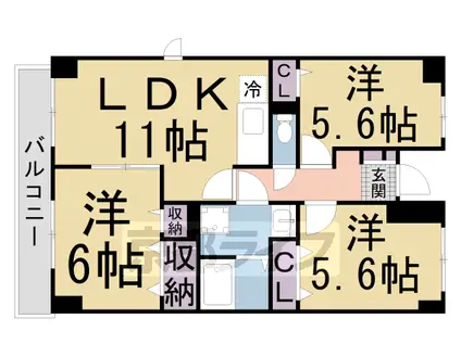 関西本線 平城山駅 徒歩39分 4階建 築29年(3LDK/4階)の間取り写真