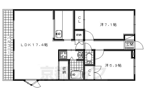 奈良線 木津駅(京都) 徒歩46分 3階建 築25年(2LDK/2階)の間取り写真