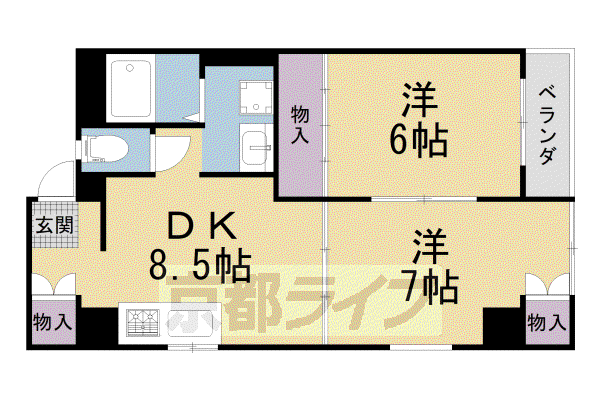 近鉄京都線 山田川駅 徒歩7分 4階建 築37年(2DK/2階)の間取り写真