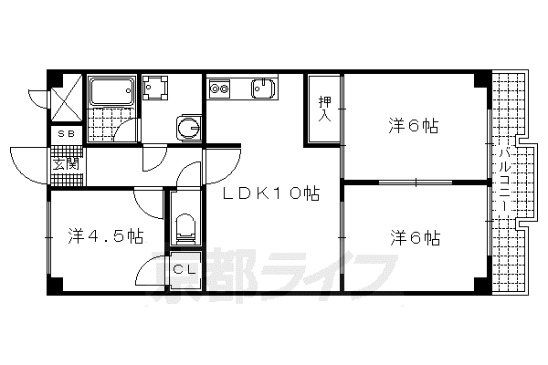 京都市東西線 東野駅(京都) 徒歩8分 5階建 築46年(3LDK/3階)の間取り写真