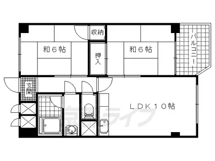 京都市東西線 小野駅(京都) 徒歩10分 6階建 築48年(2LDK/3階)の間取り写真
