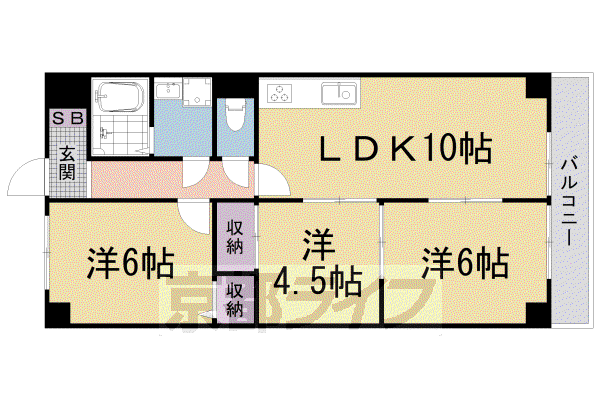 京都市東西線 小野駅(京都) 徒歩7分 6階建 築35年(3LDK/6階)の間取り写真
