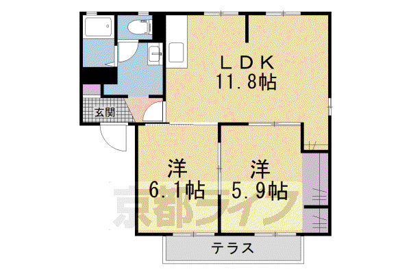 近鉄京都線 高の原駅 徒歩28分 2階建 築32年(2LDK/1階)の間取り写真