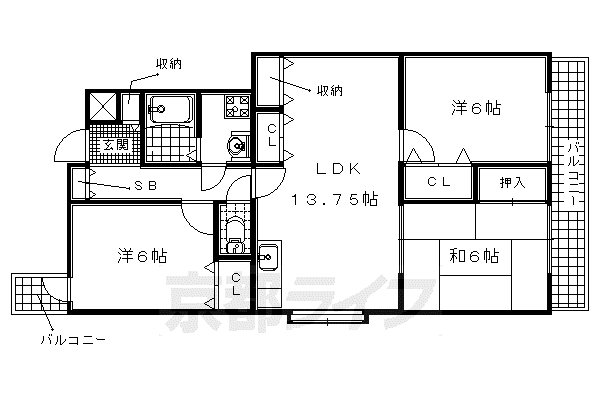 片町線 京田辺駅 徒歩5分 7階建 築28年(3LDK/4階)の間取り写真