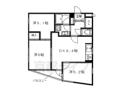 阪急電鉄京都線 長岡天神駅 徒歩7分 5階建 築35年(3LDK/4階)の間取り写真