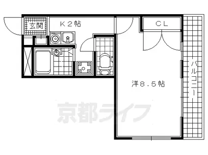 近鉄京都線 新田辺駅 徒歩18分 3階建 築28年(1K/3階)の間取り写真