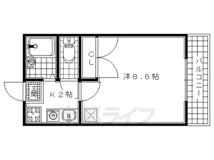 近鉄京都線 新田辺駅 徒歩18分 3階建 築28年(1K/2階)の間取り写真