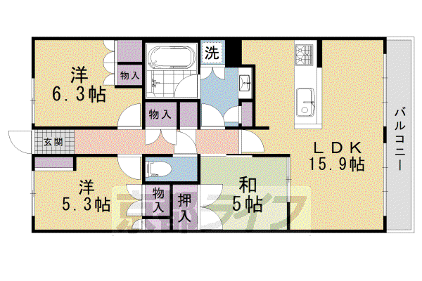 京都市烏丸線 北大路駅 徒歩11分 7階建 築25年(3LDK/5階)の間取り写真