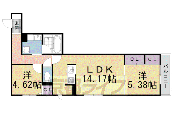 京都市烏丸線 北大路駅 徒歩14分 2階建 築4年(2LDK/1階)の間取り写真