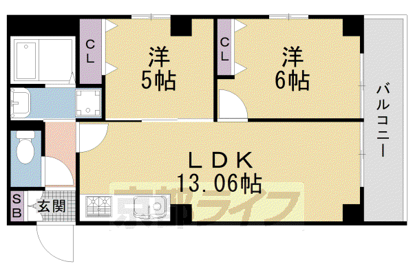 京都市東西線 二条城前駅 徒歩3分 5階建 築3年(2LDK/2階)の間取り写真