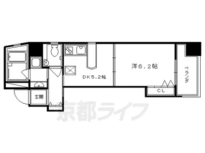京都市烏丸線 烏丸御池駅 徒歩7分 8階建 築22年(1DK/6階)の間取り写真